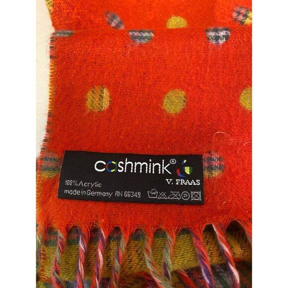 V. Fraas Cashmink Polka Dot & Plaid Reversible Scarf 80” Gold Orange Blue Plaid - Picture 4 of 6